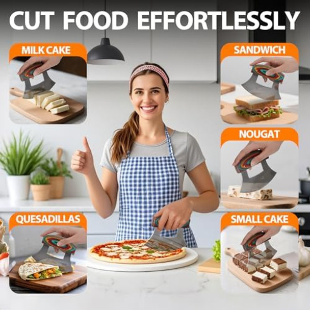 Pizza Cutter Rocker Knife Sharp Ulu Knife With Wooden Handle Stainless Steel Blade Mincing Knives With Colored Wood Stand