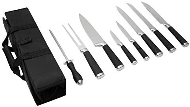 9-Piece Kitchen Knife Set In Carry Case - Ultra Sharp Chef Knives With Ergonomic Handles - Professional Japanese Chef'S Knife Set With Paring Carving Bread Santoku Utility Knives Fork Sharpener
