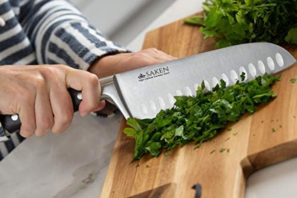 Saken Santoku Knife - 7-Inch Japanese Chef Knife With High-Carbon German Steel Blade Granton Edge And Ergonomic Handle - Multipurpose Kitchen Knife For Mincing Slicing And Dicing