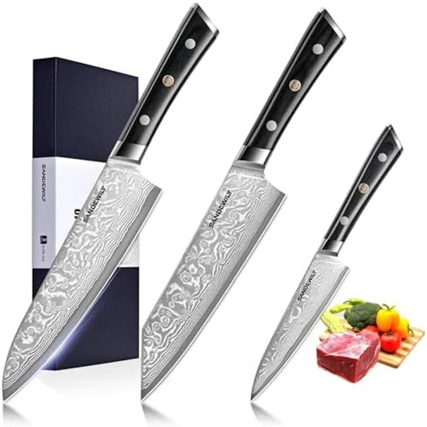 3-Piece Damascus Chef Knife Set – 8” Chef Knife 7.5” Nakiri Knife 5” Paring Knife – Ultra-Sharp Vg10 Core Stainless Steel Full Tang Ergonomic Wood Handle – Japanese Knives For Chefs Home Cooking