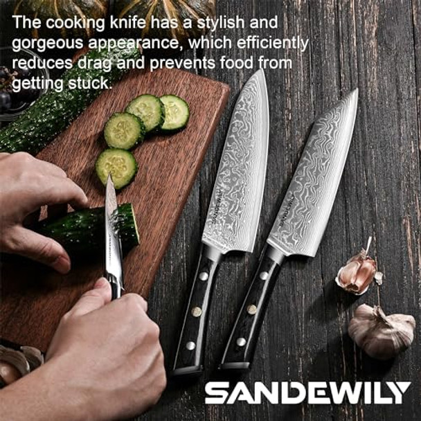 3-Piece Damascus Chef Knife Set – 8” Chef Knife 7.5” Nakiri Knife 5” Paring Knife – Ultra-Sharp Vg10 Core Stainless Steel Full Tang Ergonomic Wood Handle – Japanese Knives For Chefs Home Cooking