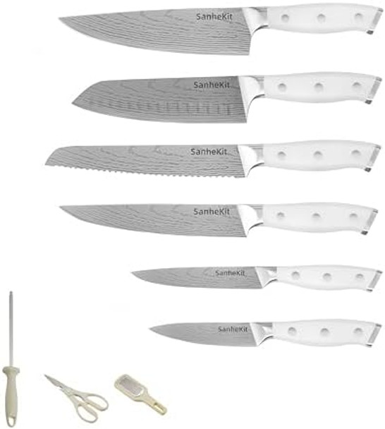 11Pcs Knife Set High Carbon Exclusive German Steel 6 Piece Knife 5Cr15Mov 8" Chef'S Knife 8" Bread Carving Utility Paring Knives Kitchen Scissorsfull Tang Ergonomic White Handle