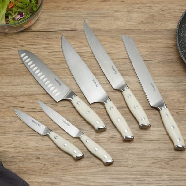 11Pcs Knife Set High Carbon Exclusive German Steel 6 Piece Knife 5Cr15Mov 8" Chef'S Knife 8" Bread Carving Utility Paring Knives Kitchen Scissorsfull Tang Ergonomic White Handle 11Pcs Knife Set High Carbon Exclusive German Steel 6 Piece Knife 5Cr15Mov 8" Chef'S Knife 8" Bread Carving Utility Paring Knives Kitchen Scissorsfull Tang Ergonomic White Handle