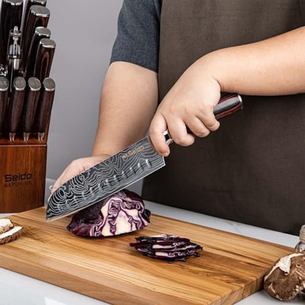 Seido Knives 5-Piece Damascus Master Chef Knife Set - Includes Gyuto Santoku Nakiri Paring Knives - High-Carbon Stainless Steel Kitchen Knives