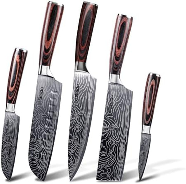 Seido Knives 5-Piece Damascus Master Chef Knife Set - Includes Gyuto Santoku Nakiri Paring Knives - High-Carbon Stainless Steel Kitchen Knives Seido Knives 5-Piece Damascus Master Chef Knife Set - Includes Gyuto Santoku Nakiri Paring Knives - High-Carbon Stainless Steel Kitchen Knives