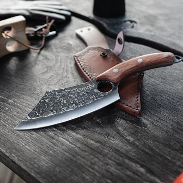 Seido Knives Hakai Chef Cleaver Knife With Curve Rosewood Handle And Premium Leather Sheath - Artisan Crafted High Carbon Stainless Steel For Kitchen Camping And Bbq