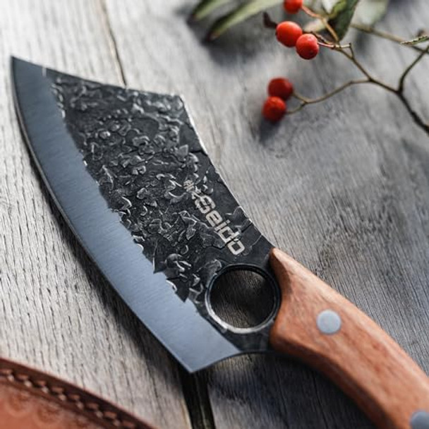 Seido Knives Hakai Chef Cleaver Knife With Curve Rosewood Handle And Premium Leather Sheath - Artisan Crafted High Carbon Stainless Steel For Kitchen Camping And Bbq