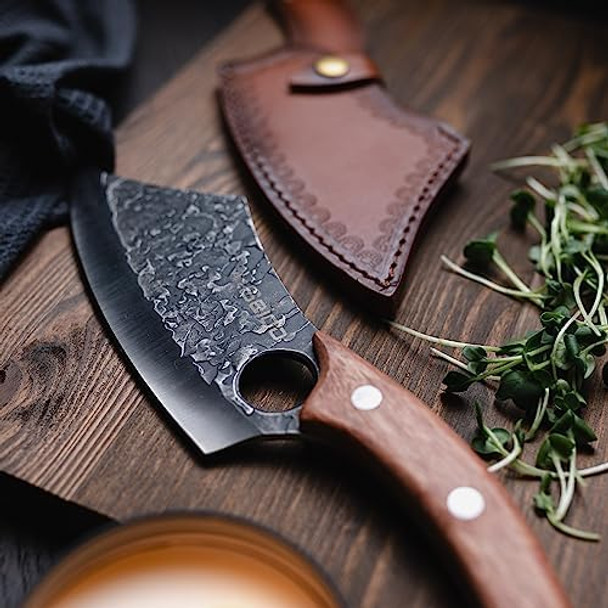 Seido Knives Hakai Chef Cleaver Knife With Curve Rosewood Handle And Premium Leather Sheath - Artisan Crafted High Carbon Stainless Steel For Kitchen Camping And Bbq