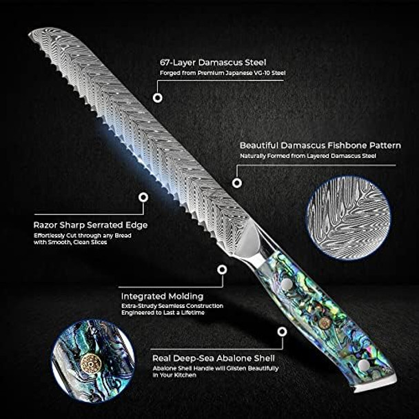 Senken 8" Damascus Steel Bread Knife - Umi Collection - 67-Layer Japanese Vg10 Steel Real Deep-Sea Abalone Shell Handle (Damascus Serrated Bread Knife)