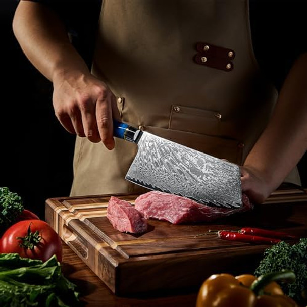 Senken Damascus Steel Cleaver Knife - Tsunami Collection - 67-Layer Japanese Vg10 Steel - Unique Blue Resin & Natural Wood Handle Razor Sharp Beautiful Damascus Wave Pattern (7.5" Cleaver Knife)