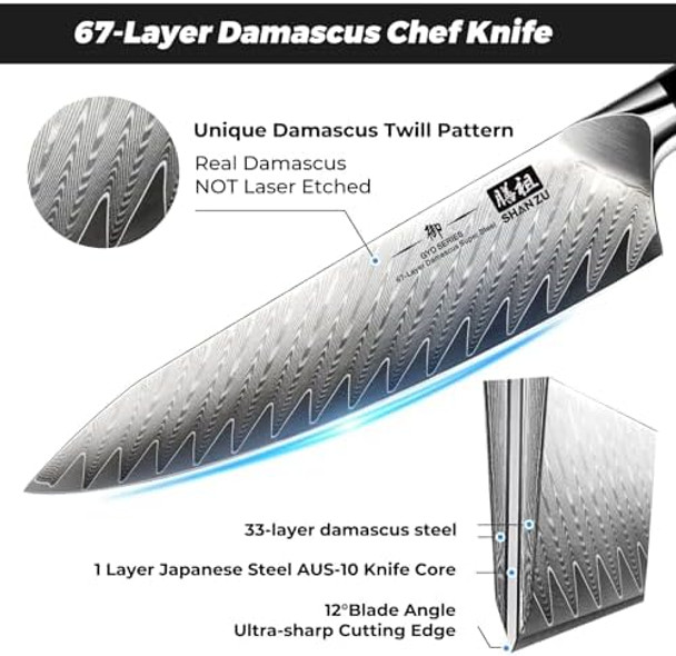 Shan Zu 2Pcs Damascus Chef Knife Setjapanese Steel Kitchen Knife Set Professional Kitchen Utility Knives Set High Carbon Super Sharp 67-Layer Damascus Steel Cooking Knife Set With G10 Handle