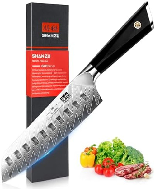 Shan Zu Damascus Chef Knife 7 Inch & Knife Sharpener Whetstone Knife With Storage Box Sharpening Stone 2 Pieces Utility Knife Japanese Steel Kitchen Petty Knife