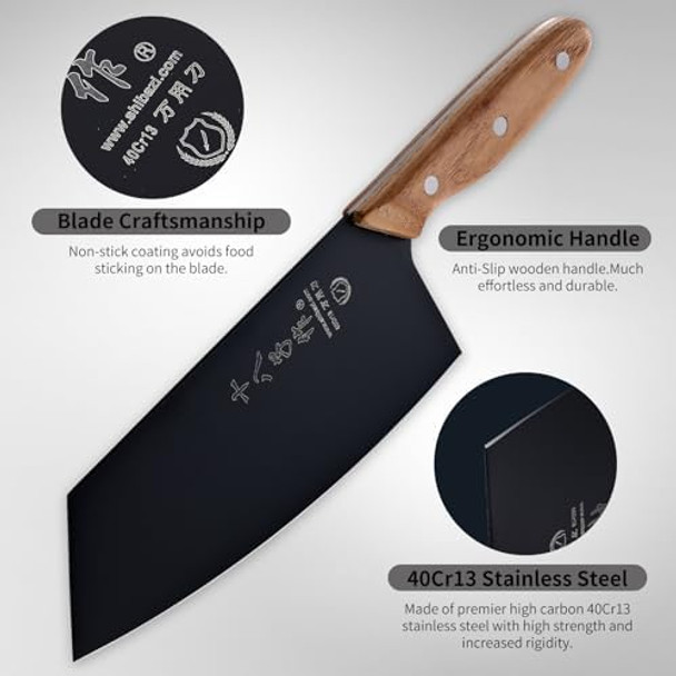 Shi Ba Zi Zuo Meat Cleaver Vegetable Cleaver Utility Knife Chinese Chef Knife For Kitchen Stainless Steel Ergonomic Design Wooden Handl