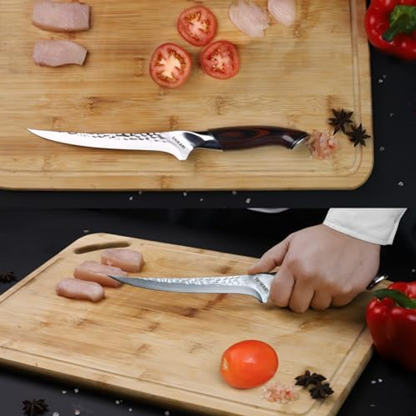 Shikari Filet Knife For Meat – 7 Inch Japanese Boning Knife For Meat Cutting– Full Tang Vg10 Steel Blade With Hammer Damascus Pattern – Professional Deboning Knive – Ergonomic Pakkawood Handle