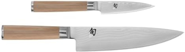 Shun Classic Blonde 2 Piece Starter Set Includes 8" Chef And 3.5” Paring Knives Handcrafted Japanese Knife Set Vg-Max Core With Damascus Stainless Steel Cladding Pakkawood Handle