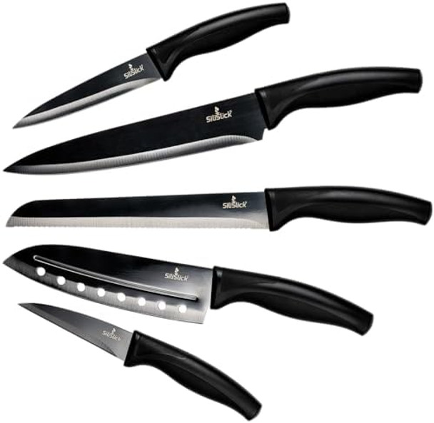 Kitchen Knife Set German Stainless Steel Titanium Coated Rainbow Blades Chef Bread Santoku Paring Utility Knives Ergonomic Handles Set Of 5 Safety Sheaths Blue Handle Deep Blue Blade