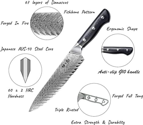 Knife Set 3 Pcs Professional Damascus Chef Knives 67 Layer Japanese Aus10 Steel Core Forged Kitchen Knives Well-Balanced Full Tang Handle Triple Rivet Handle - Black Box