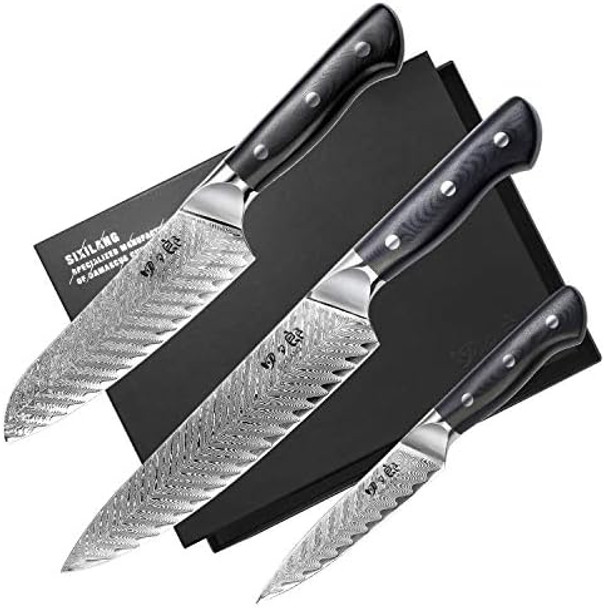 Knife Set 3 Pcs Professional Damascus Chef Knives 67 Layer Japanese Aus10 Steel Core Forged Kitchen Knives Well-Balanced Full Tang Handle Triple Rivet Handle - Black Box Knife Set 3 Pcs Professional Damascus Chef Knives 67 Layer Japanese Aus10 Steel Core Forged Kitchen Knives Well-Balanced Full Tang Handle Triple Rivet Handle - Black Box