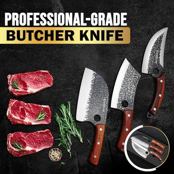 Sliceelite 3Pcs Hand-Forged Professional Butcher Knife Set: Cleaver Sharp Viking & Boning Knives For Meat Cutting Chef Set With Box Meat Cutting Knife Perfect Bbq For Men