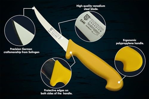 Smi Solingen Germany Boning Knife - Curved 5 Inch Semi-Stiff Sharp Blade Fillet Knife For Meat Processing And Deboning