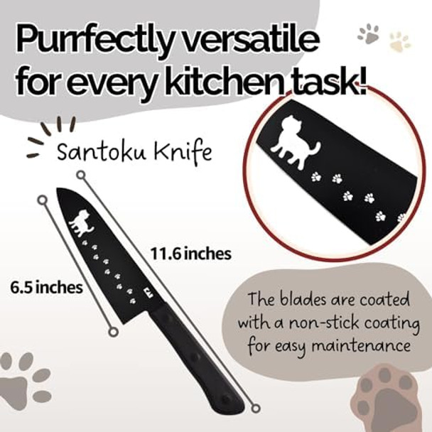 Cute Kawaii Cat-Themed Santoku Knife & Fruit Knife & Kitchen Scissors & Soft Cutting Board & Microfiber Towel Set Ab5801Dh2722Dh2721Ap5180