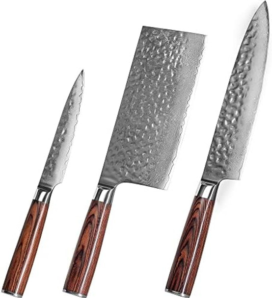 3 Piece Damascus Kitchen Knife Set - Including Chef'S Knife Cleaver And Paring Knife