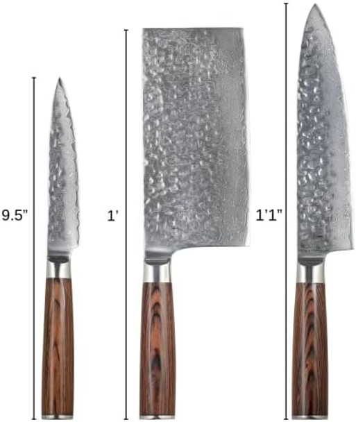3 Piece Damascus Kitchen Knife Set - Including Chef'S Knife Cleaver And Paring Knife