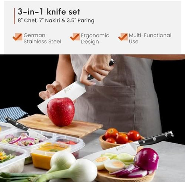 3-Piece Kitchen Knife Set – Includes 8” Chef Knife 7” Nakiri 3.5” Paring – High Carbon German Stainless Steel Blades Ergonomic Handle – Versatile Knife Trio For Chopping Dicing And Slicing