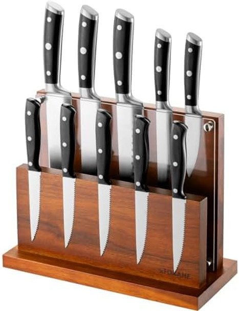 Extra Large Magnetic Knife Block -Four-Side Kitchen Knife Holder With Strong Magnetic Strips -Acacia Wood Universal Knife Storage Organizer With Acrylic Shield Organizer Tools No Drilling