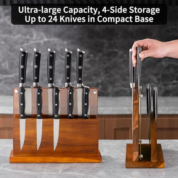 Extra Large Magnetic Knife Block -Four-Side Kitchen Knife Holder With Strong Magnetic Strips -Acacia Wood Universal Knife Storage Organizer With Acrylic Shield Organizer Tools No Drilling