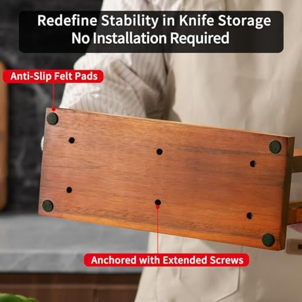 Extra Large Magnetic Knife Block -Four-Side Kitchen Knife Holder With Strong Magnetic Strips -Acacia Wood Universal Knife Storage Organizer With Acrylic Shield Organizer Tools No Drilling