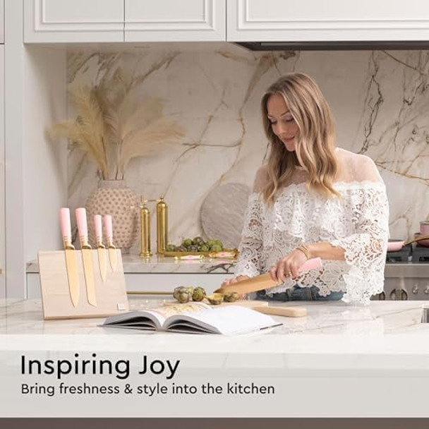 Styled Settings White Knife Set With Magnetic Knife Holder Stand - 6 Pc White Magnetic Knife Set With Ashwood Knife Block - Kitchen Accessories Kitchen Decor