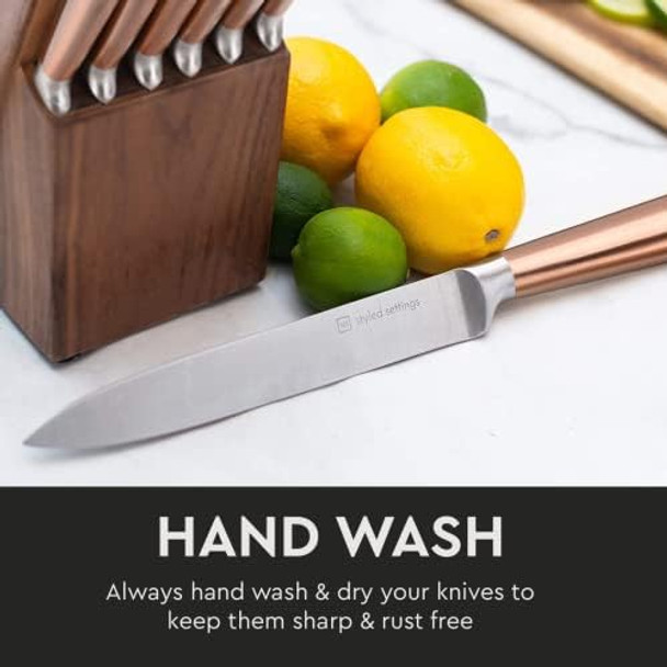 Copper Knife Set With Walnut Block – 13-Piece Premium Stainless Steel Knives For Kitchen With Rose Gold Handle – Stylish Copper And Rose Gold Kitchen Accessories