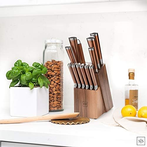 Copper Knife Set With Walnut Block – 13-Piece Premium Stainless Steel Knives For Kitchen With Rose Gold Handle – Stylish Copper And Rose Gold Kitchen Accessories