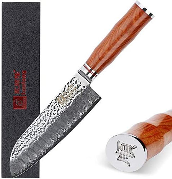 Sunlong Santoku Knives 7 Inch Pro Chef Knife Japanese Hammered Damascus Steel Natural Bloodwood Handle