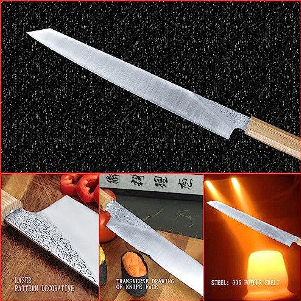 Kitchen Carving Knife 9.5 Inch Japanese Sujihiki Knife High Carbon Powder Forge Stainless Steel 905 Blade With 62 Hrc Ash Wood Handle Light Weight Comfortable Grip 240Mm