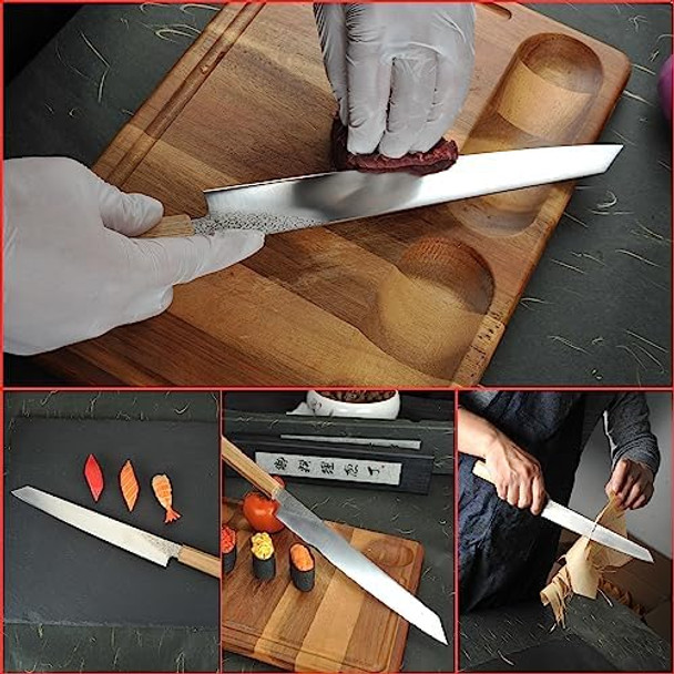 Kitchen Carving Knife 9.5 Inch Japanese Sujihiki Knife High Carbon Powder Forge Stainless Steel 905 Blade With 62 Hrc Ash Wood Handle Light Weight Comfortable Grip 240Mm