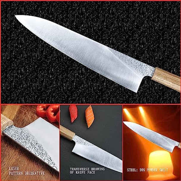 Kitchen Chef Knife 8 Inch Japanese Gyutou Knife High Carbon Powder Forge Stainless Steel 905 Blade With 62 Hrc Natural Ash Wood Handle Light Weight Comfortable Grip 210Mm
