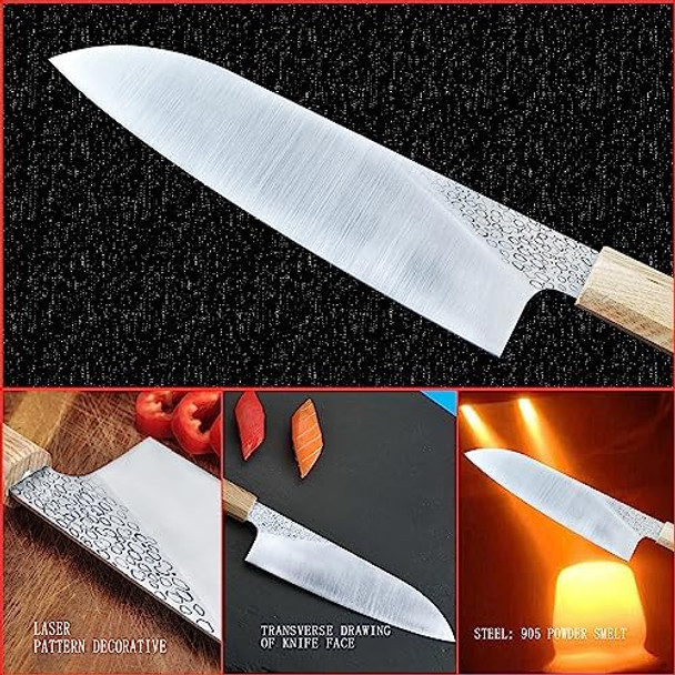 Kitchen Knife 7 Inch Japanese Santoku Knife High Carbon Powder Forge Stainless Steel 905 Blade With 62 Hrc Natural Ash Wood Handle Light Weight Comfortable Grip 180Mm