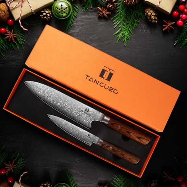 2-Piece Chef Knife Set - Razor Sharp 8'' & 5'' Japanese Damascus Kitchen Knives With 9Cr18Mov High Carbon Steel Pakkawood Handle Professional Hand Forged Kitchen Knife With Premium Box