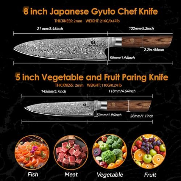 2-Piece Chef Knife Set - Razor Sharp 8'' & 5'' Japanese Damascus Kitchen Knives With 9Cr18Mov High Carbon Steel Pakkawood Handle Professional Hand Forged Kitchen Knife With Premium Box