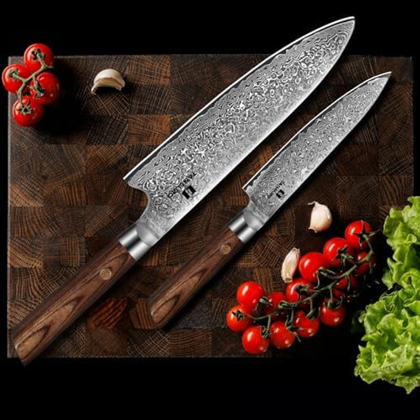 2-Piece Chef Knife Set - Razor Sharp 8'' & 5'' Japanese Damascus Kitchen Knives With 9Cr18Mov High Carbon Steel Pakkawood Handle Professional Hand Forged Kitchen Knife With Premium Box 2-Piece Chef Knife Set - Razor Sharp 8'' & 5'' Japanese Damascus Kitchen Knives With 9Cr18Mov High Carbon Steel Pakkawood Handle Professional Hand Forged Kitchen Knife With Premium Box