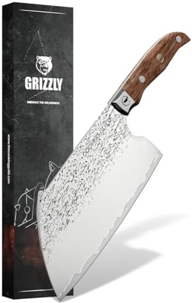The Cooking Guild Serbian Cleaver Knife - 7.8 Inches - Grizzly Series - Japanese High Carbon Stainless Steel Butcher Knife - Rosewood Handle Meat Cleaver Knife The Cooking Guild Serbian Cleaver Knife - 7.8 Inches - Grizzly Series - Japanese High Carbon Stainless Steel Butcher Knife - Rosewood Handle Meat Cleaver Knife