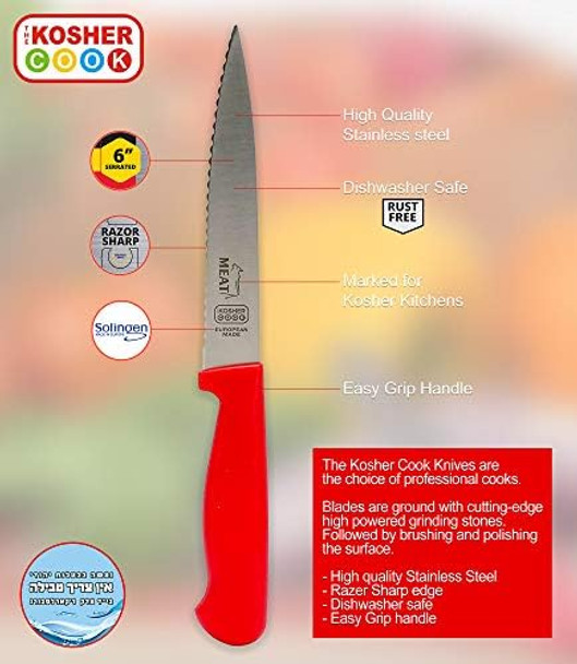 Parve Green Kitchen Knife – 6” Serrated Steak And Vegetable Knife - Razor Sharp. Pointed Tip - Color Coded Kitchen Tools