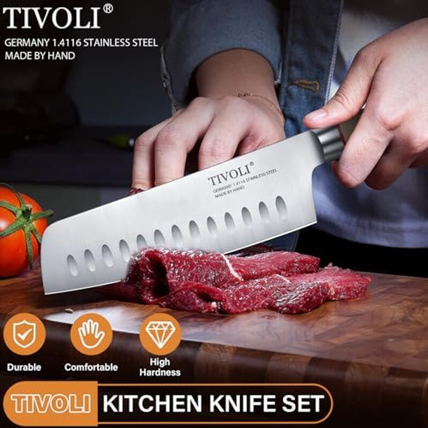 Tivoli Professional Chef Knife Set Japanese Knives - Stainless Steel Sharp Blades Wooden Handle - Nakiri Chef Paring Knife