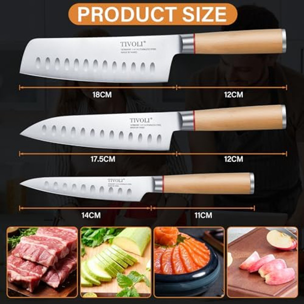 Tivoli Professional Chef Knife Set Japanese Knives - Stainless Steel Sharp Blades Wooden Handle - Nakiri Chef Paring Knife