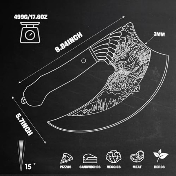Tivoli Ulu Knife 9-Inch Pizza Cutter Axe Viking Butcher Cleaver Knife German 1.4116 Super Steel Rose Wooden Handle With Sheath & Box Mincing Meat Vegetable Rocking Knife Birthday Men Women