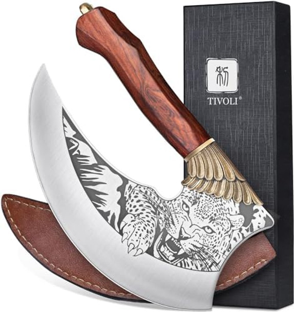 Tivoli Ulu Knife 9-Inch Pizza Cutter Axe Viking Butcher Cleaver Knife German 1.4116 Super Steel Rose Wooden Handle With Sheath & Box Mincing Meat Vegetable Rocking Knife Birthday Men Women