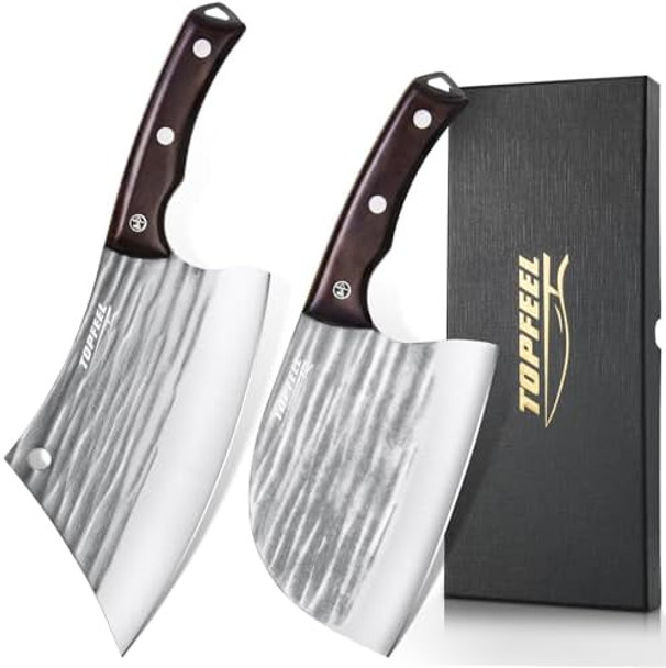 2Pcs Butcher Cleaver Knife Set- Serbian Chef Knife & Heavy Duty Meat Cleaver Hand Forged Meat Cutting Chopping Knives For Home Outdoor Cooking Camping Bbq