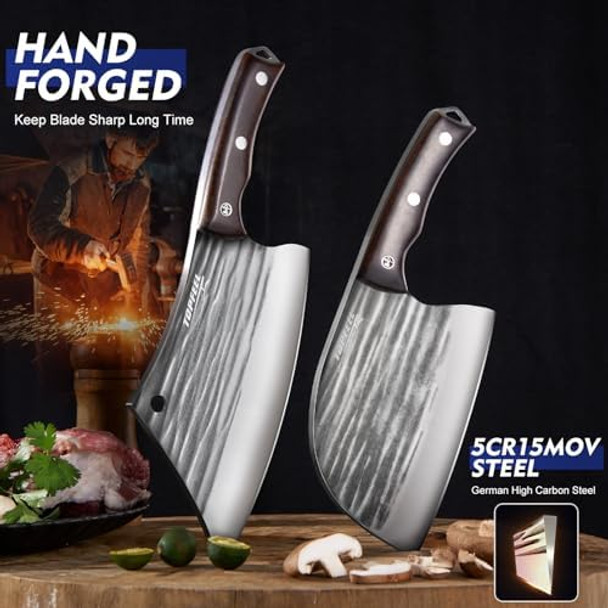 2Pcs Butcher Cleaver Knife Set- Serbian Chef Knife & Heavy Duty Meat Cleaver Hand Forged Meat Cutting Chopping Knives For Home Outdoor Cooking Camping Bbq